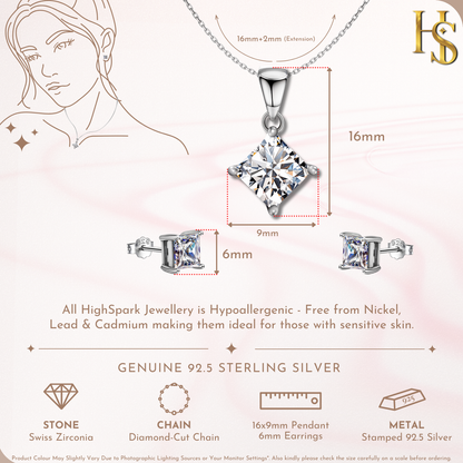 Princess Diamond Solitaire Earrings, Pendant & Chain Set in 92.5 Sterling Silver With Diamond like Brilliance Zirconia