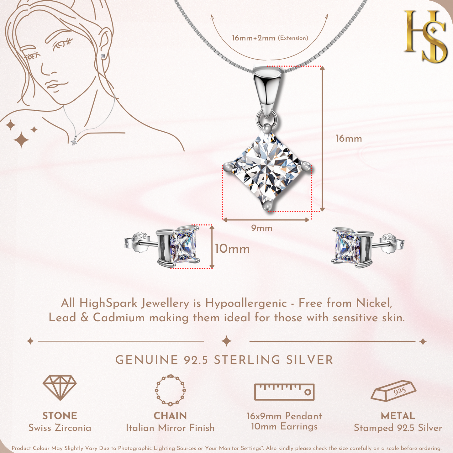 Princess Diamond Solitaire Earrings, Pendant & Chain Set in 92.5 Sterling Silver With Diamond like Brilliance Zirconia