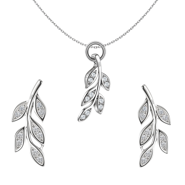 A sterling silver pendant necklace and matching stud earrings set with a leafy vine motif paved with American diamonds on a white.