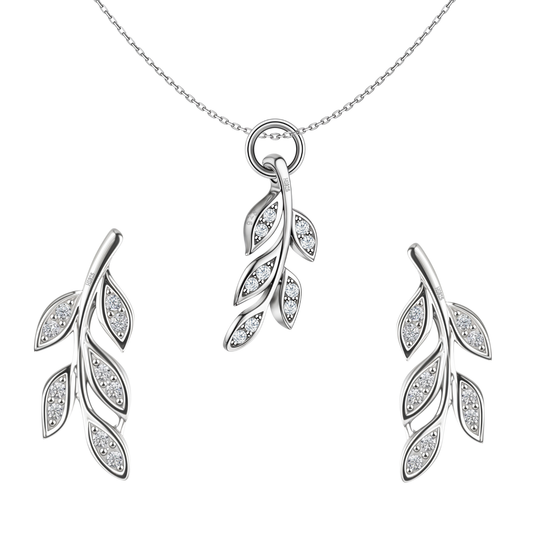 Pristine Leaf Solitaire Earrings, Pendant & Chain Set in 92.5 Sterling Silver With Diamond like Brilliance Zirconia