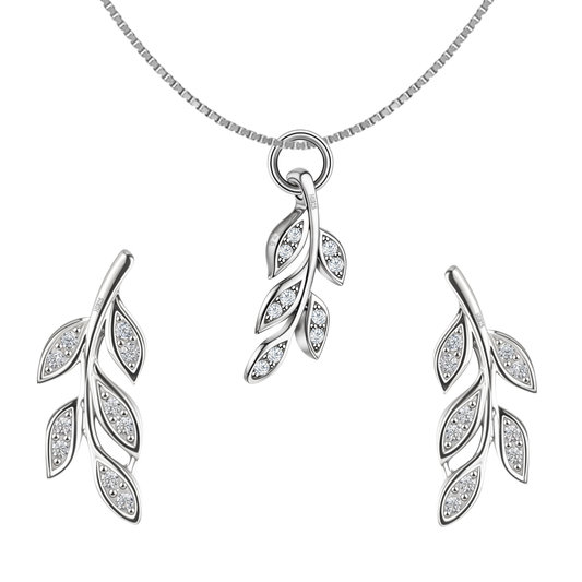 Crystal Leaf Solitaire Earrings, Pendant & Chain Set in 92.5 Sterling Silver With Diamond like Brilliance Zirconia