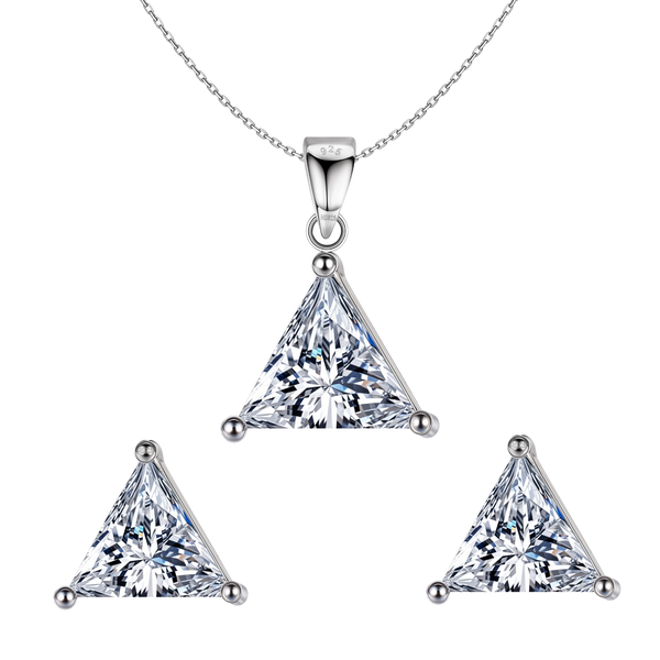 A sterling silver pendant necklace and matching stud earrings set with large, triangular American diamond solitaires on a white background.
