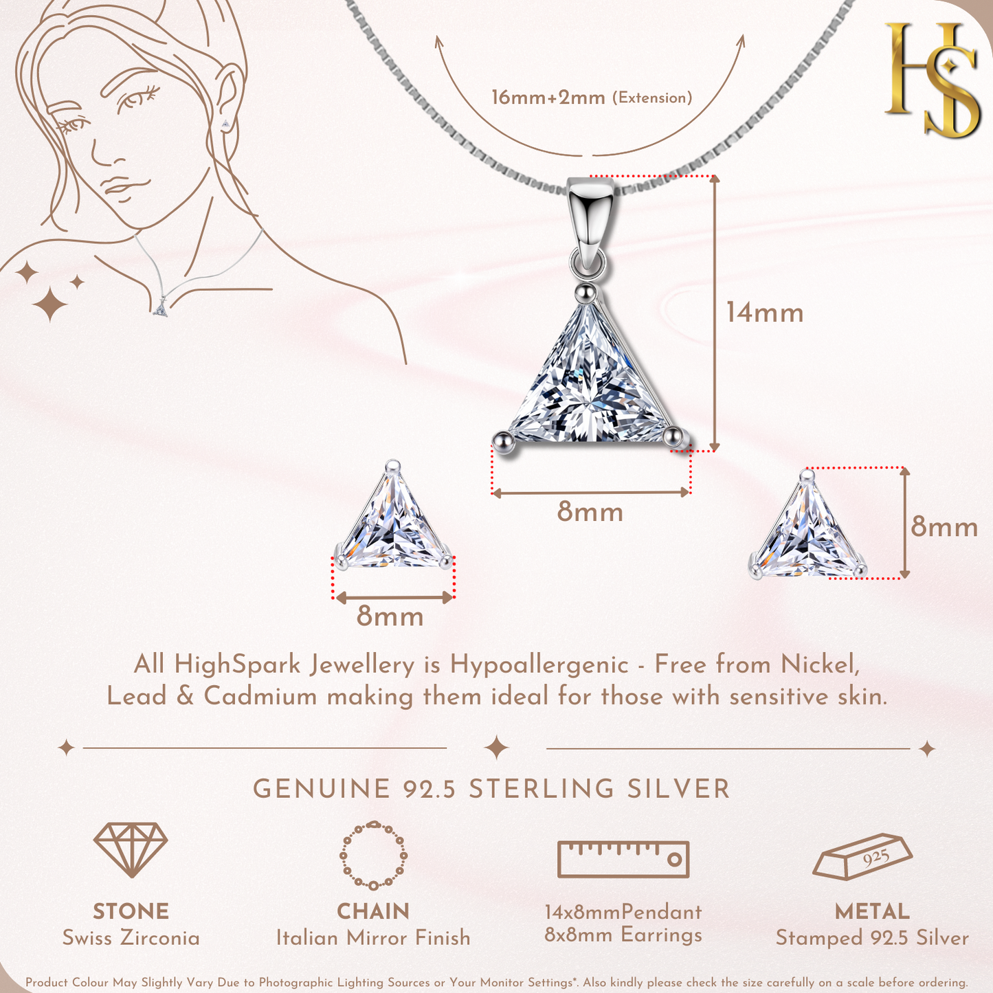 Sparkling Triangular Solitaire Earrings, Pendant & Chain Set in 92.5 Sterling Silver With Diamond like Brilliance Zirconia