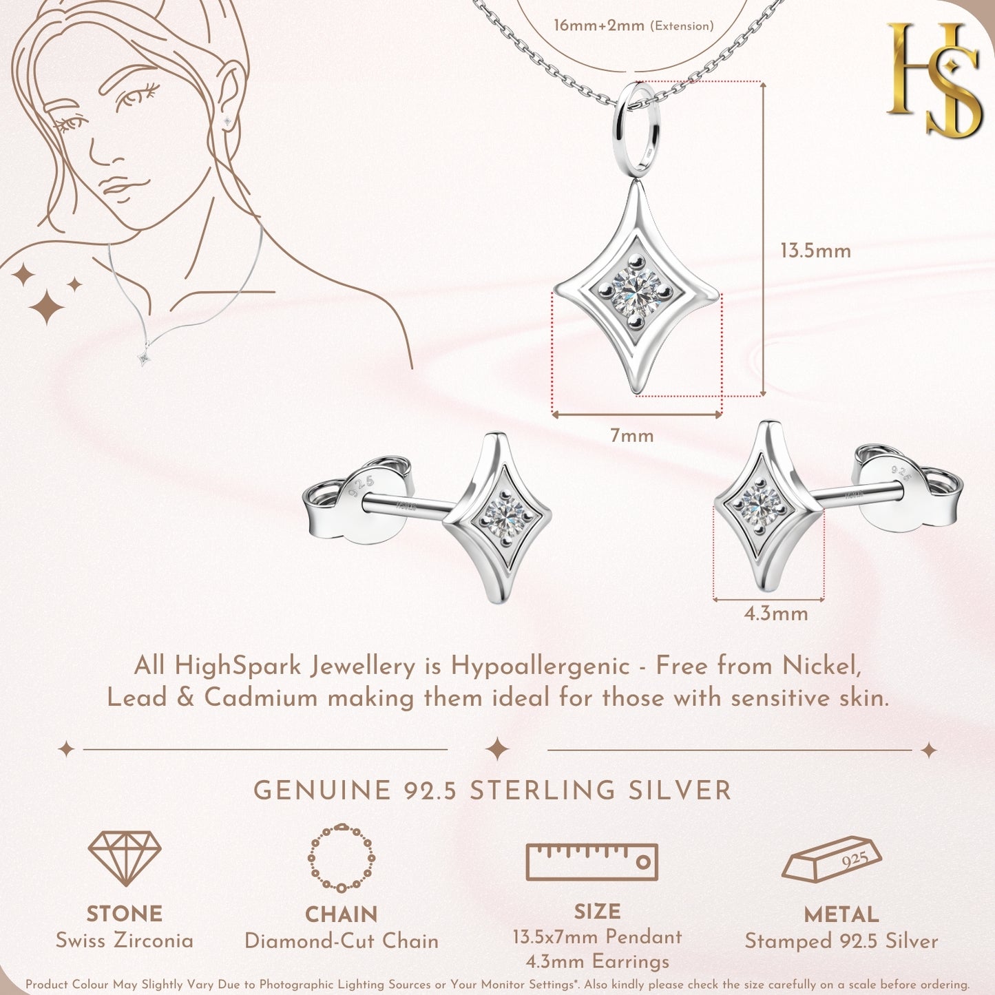 Signature Spark Solitaire Pendant, Earrings, & Chain Set in 925 Sterling Silver For Women