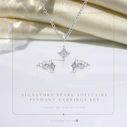 Signature Spark Solitaire Pendant, Earrings, & Chain Set in 925 Sterling Silver For Women