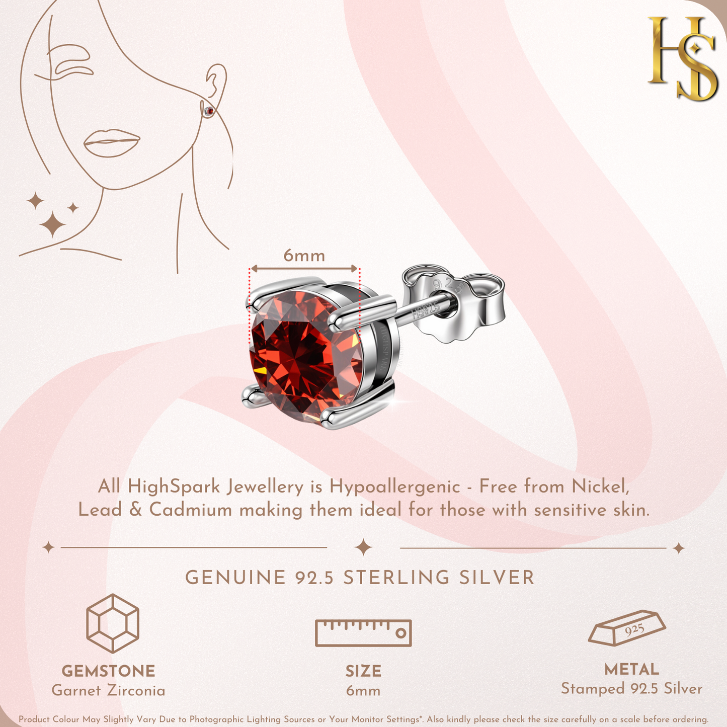 Women's Solitaire Birthstone Earrings - 925 Silver - January Garnet Sparkling Zirconia