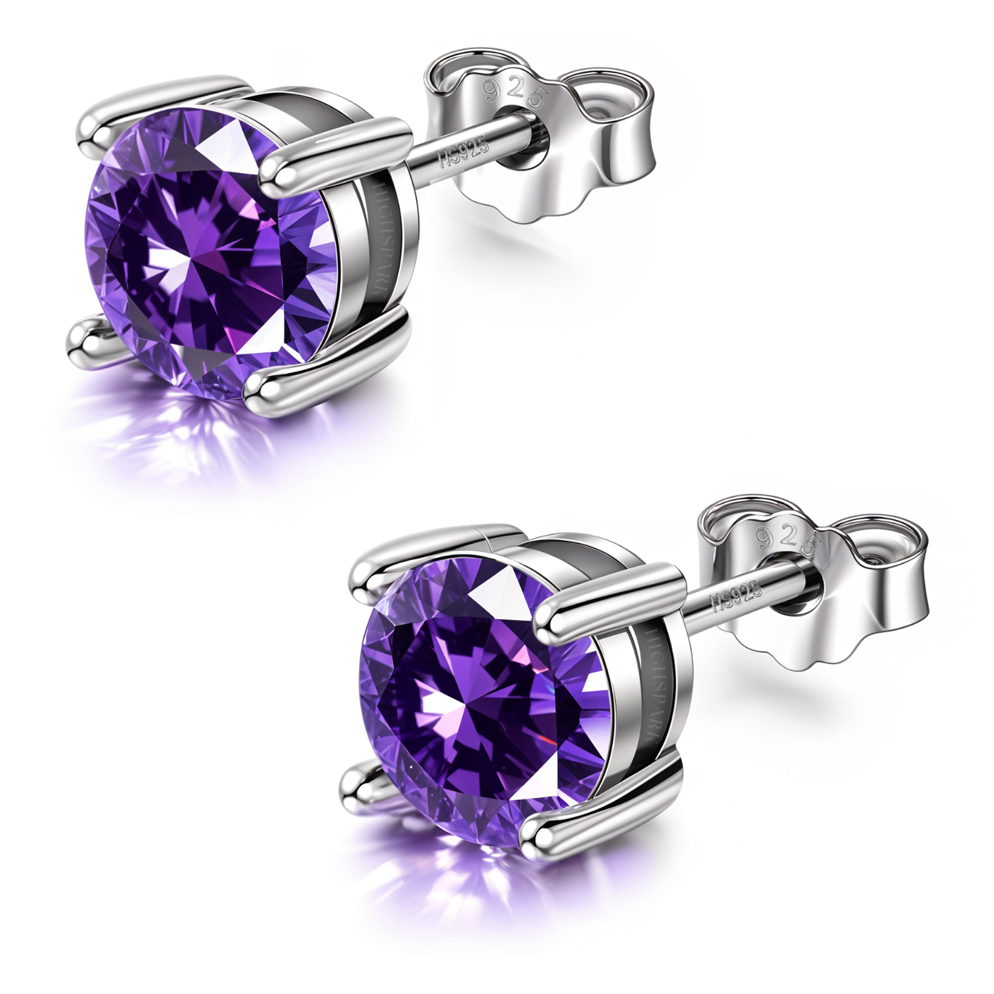 Women's Solitaire Birthstone Earrings - 925 Silver - February Amethyst Sparkling Zirconia