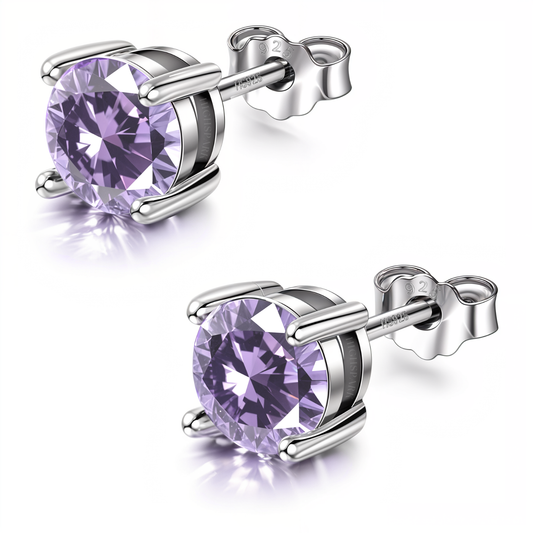 Women's Solitaire Birthstone Earrings - 925 Silver - February Amethyst Sparkling Zirconia