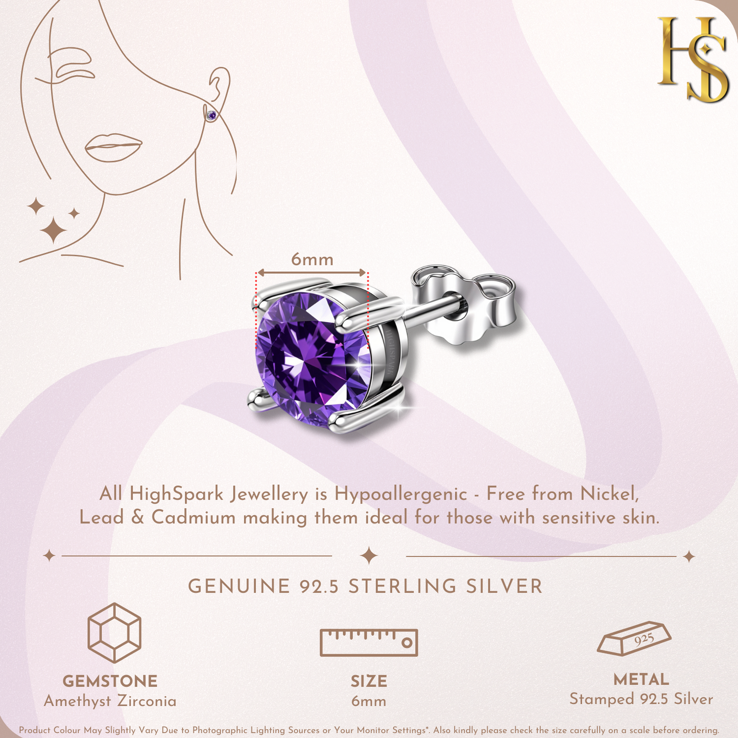 Women's Solitaire Birthstone Earrings - 925 Silver - February Amethyst Sparkling Zirconia