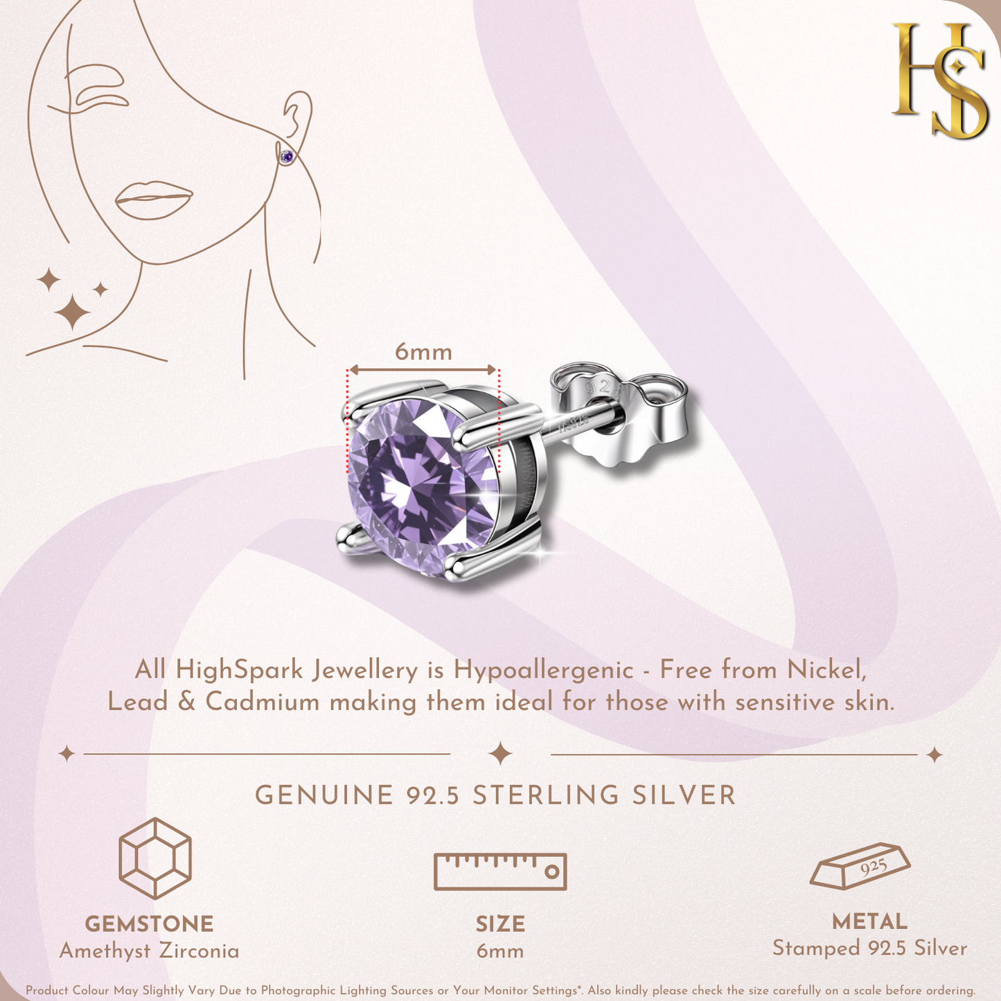 Women's Solitaire Birthstone Earrings - 925 Silver - February Amethyst Sparkling Zirconia