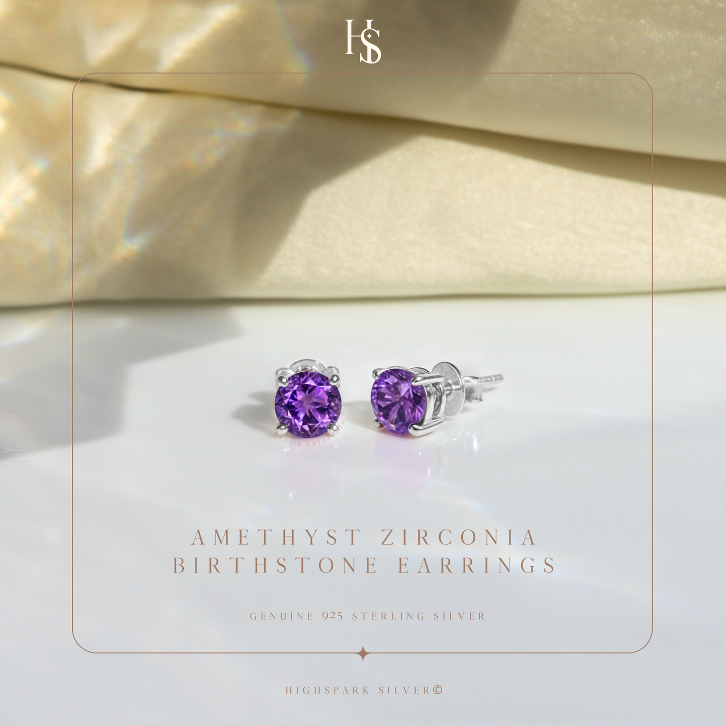 Women's Solitaire Birthstone Earrings - 925 Silver - February Amethyst Sparkling Zirconia