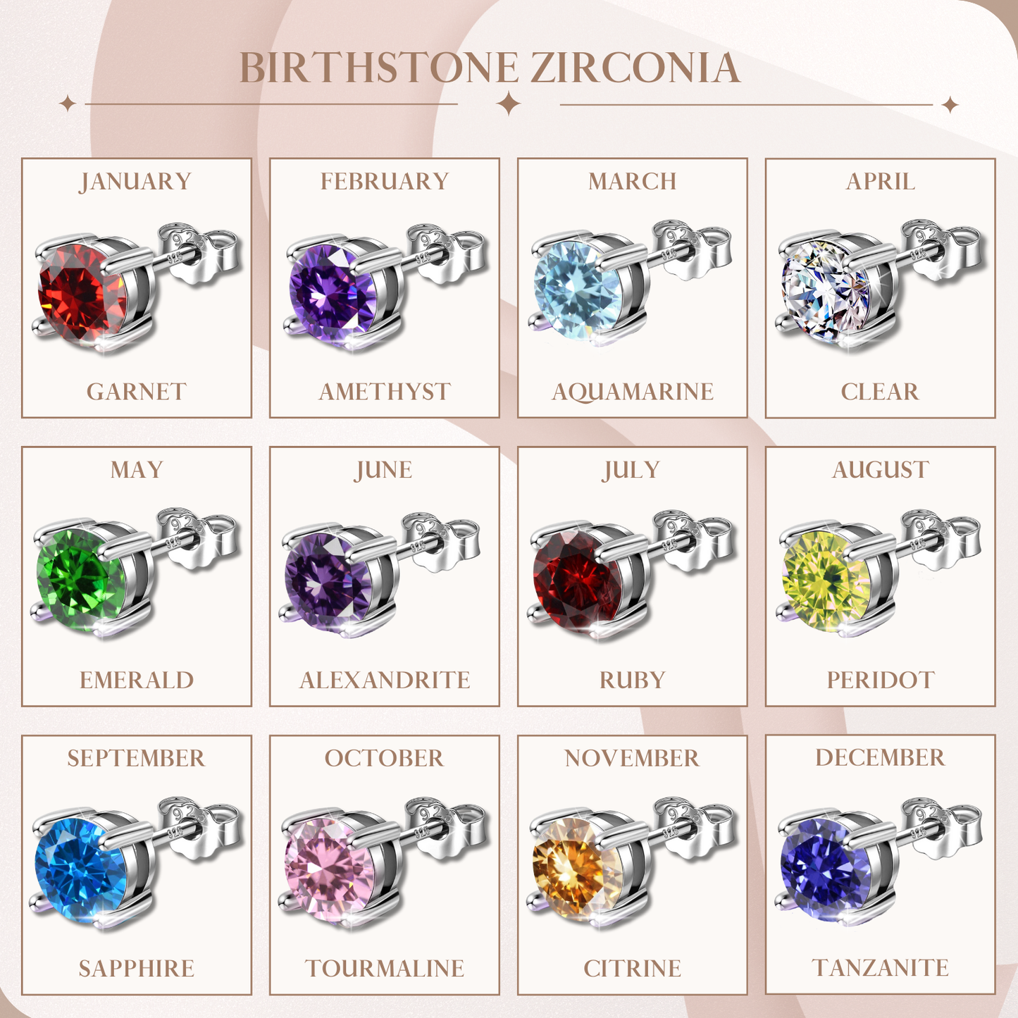 Women's Solitaire Birthstone Earrings - 925 Silver - February Amethyst Sparkling Zirconia