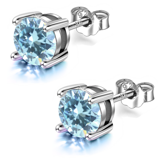 Women's Solitaire Birthstone Earrings - 925 Silver - March Aquamarine Sparkling Zirconia