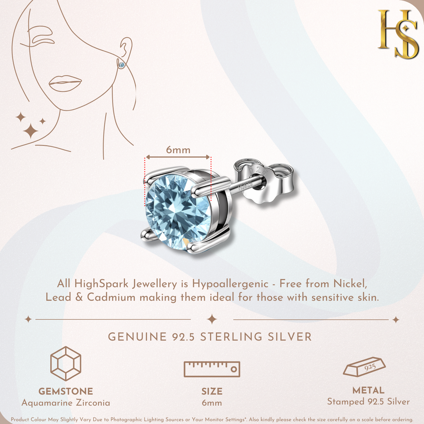 Women's Solitaire Birthstone Earrings - 925 Silver - March Aquamarine Sparkling Zirconia