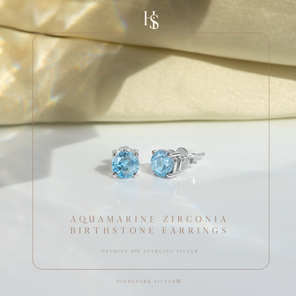 Women's Solitaire Birthstone Earrings - 925 Silver - March Aquamarine Sparkling Zirconia