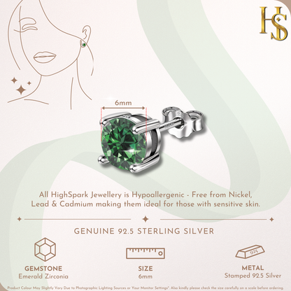 Women's Solitaire Birthstone Earrings - 925 Silver - May Emerald Sparkling Zirconia