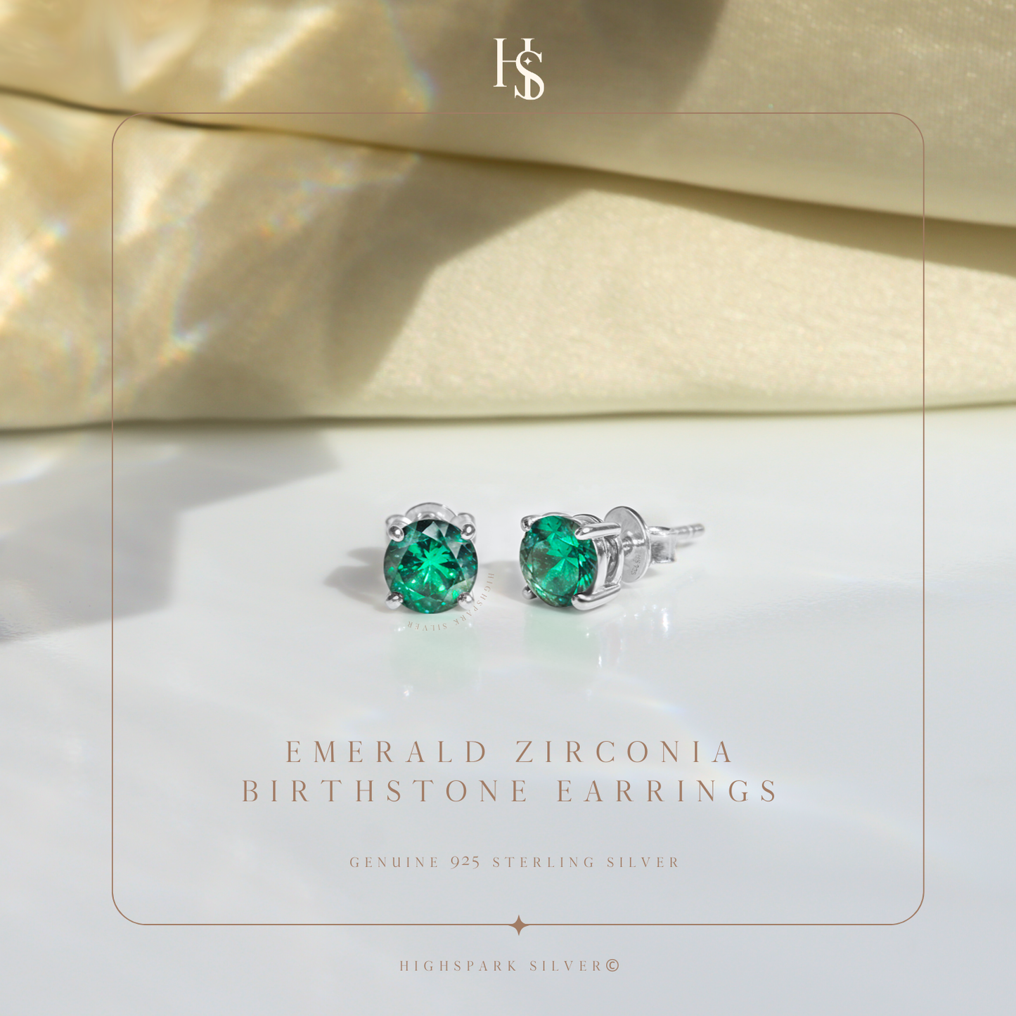 Women's Solitaire Birthstone Earrings - 925 Silver - May Emerald Sparkling Zirconia