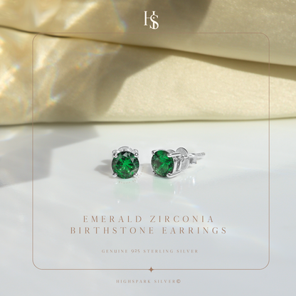 Women's Solitaire Birthstone Earrings - 925 Silver - May Emerald Sparkling Zirconia