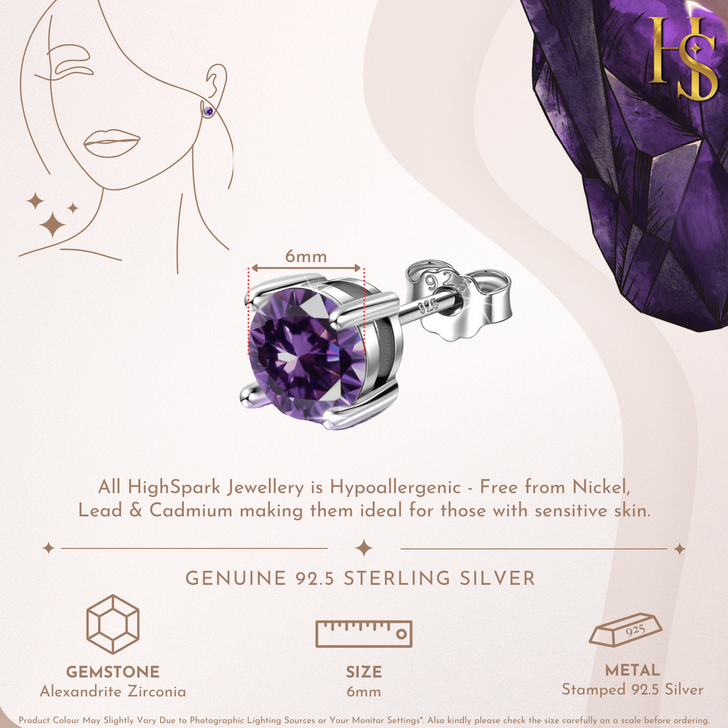 Women's Solitaire Birthstone Earrings - 925 Silver - June Alexandrite Sparkling Zirconia