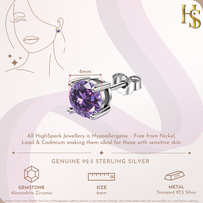 Women's Solitaire Birthstone Earrings - 925 Silver - June Alexandrite Sparkling Zirconia