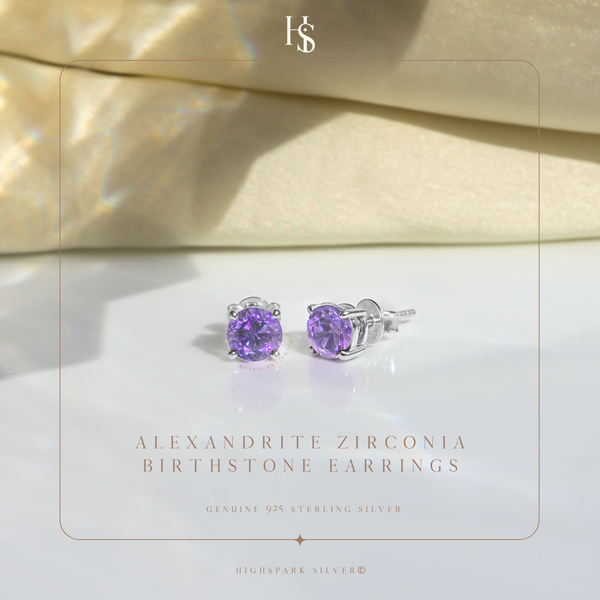 Women's Solitaire Birthstone Earrings - 925 Silver - June Alexandrite Sparkling Zirconia