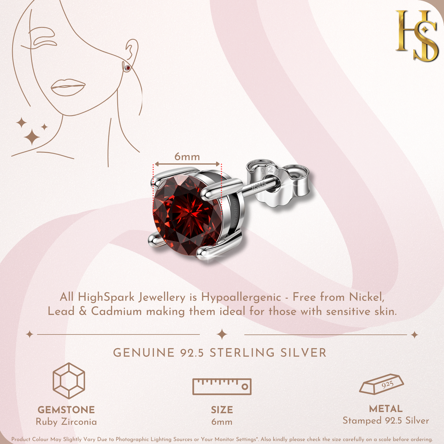 Women's Solitaire Birthstone Earrings - 925 Silver - July Ruby Sparkling Zirconia