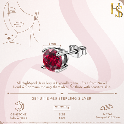 Women's Solitaire Birthstone Earrings - 925 Silver - July Ruby Sparkling Zirconia