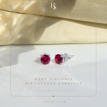 Women's Solitaire Birthstone Earrings - 925 Silver - July Ruby Sparkling Zirconia