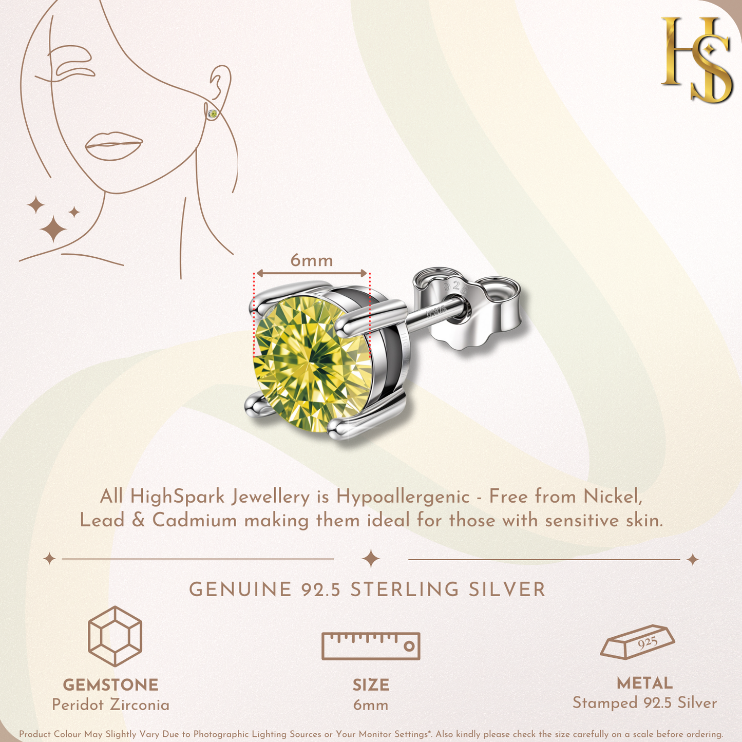 Women's Solitaire Birthstone Earrings - 925 Silver - August Peridot Sparkling Zirconia