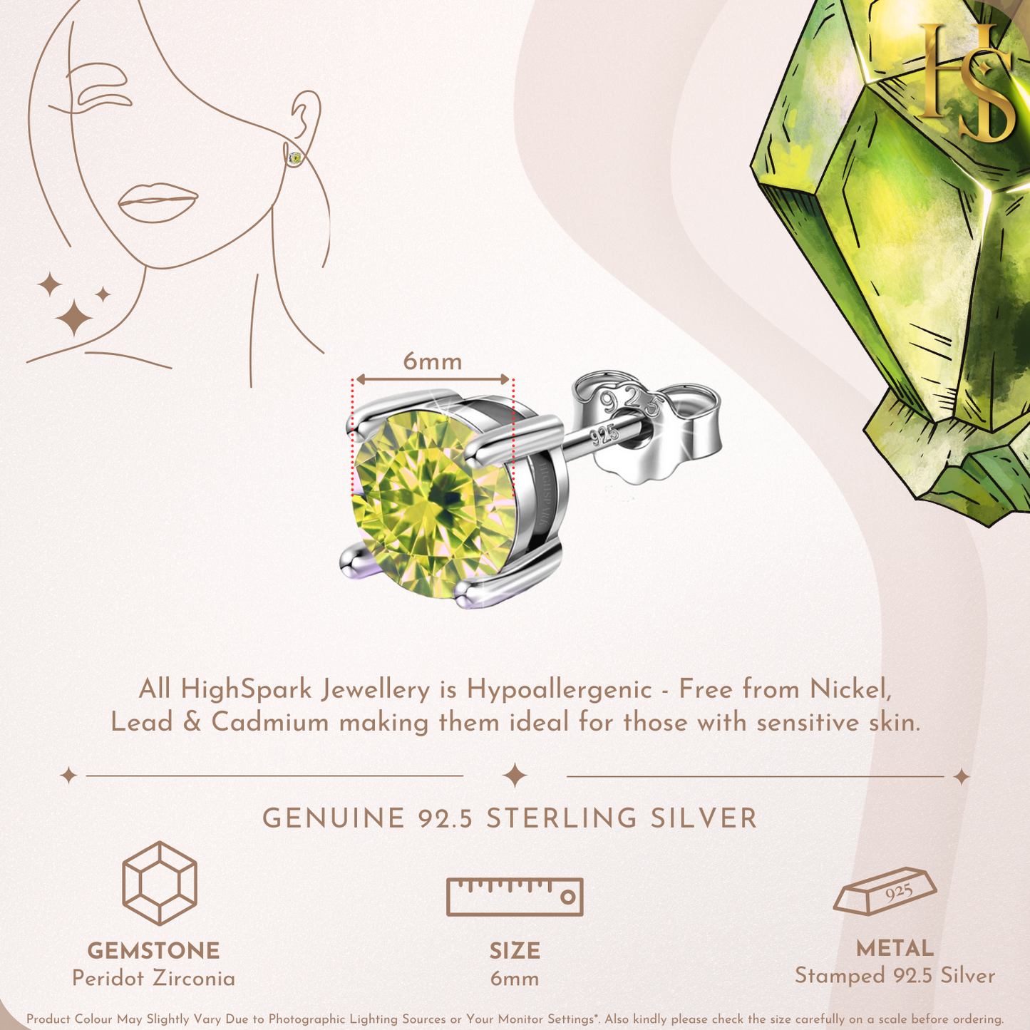 Women's Solitaire Birthstone Earrings - 925 Silver - August Peridot Sparkling Zirconia