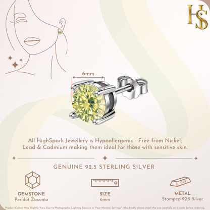 Women's Solitaire Birthstone Earrings - 925 Silver - August Peridot Sparkling Zirconia