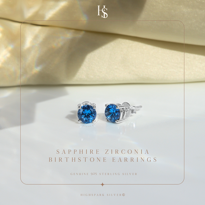 Women's Solitaire Birthstone Earrings - 925 Silver - September Sapphire Sparkling Zirconia