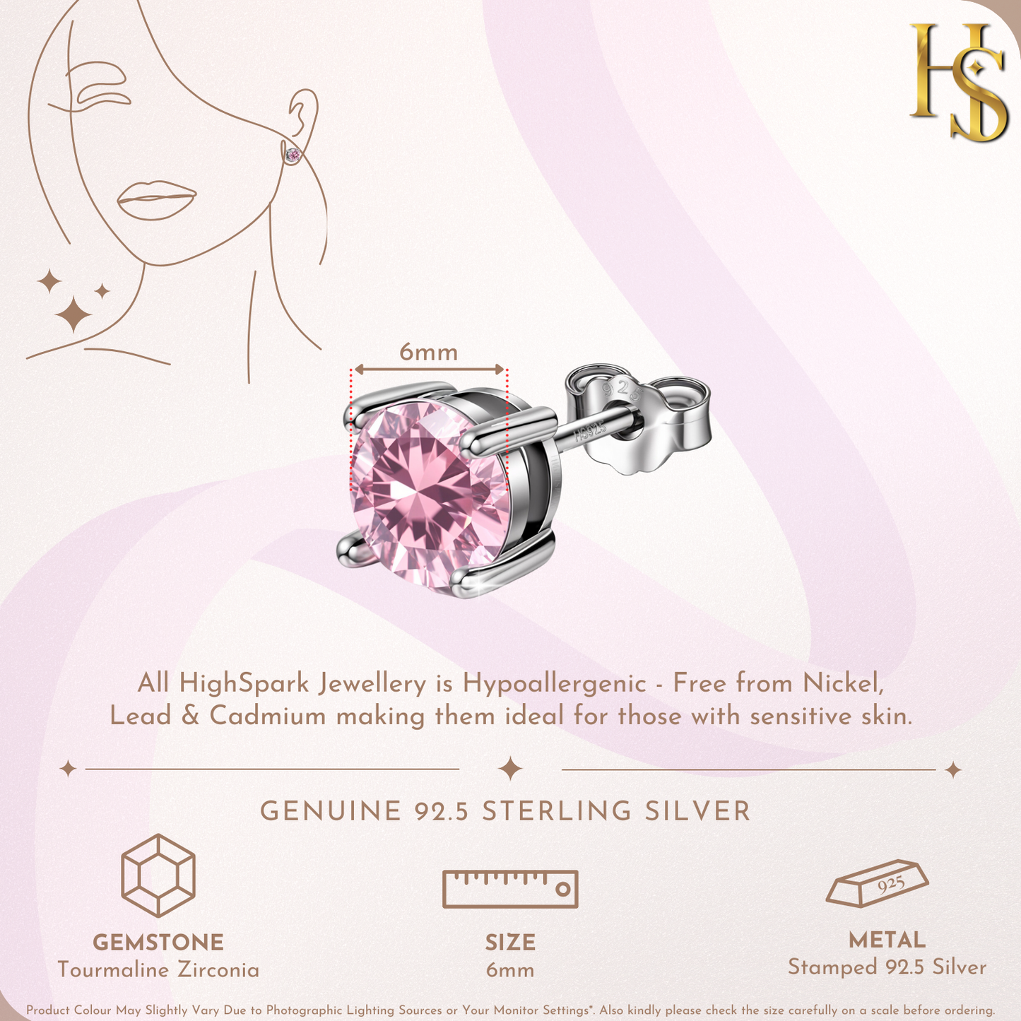 Women's Solitaire Birthstone Earrings - 925 Silver - October Tourmaline Sparkling Zirconia