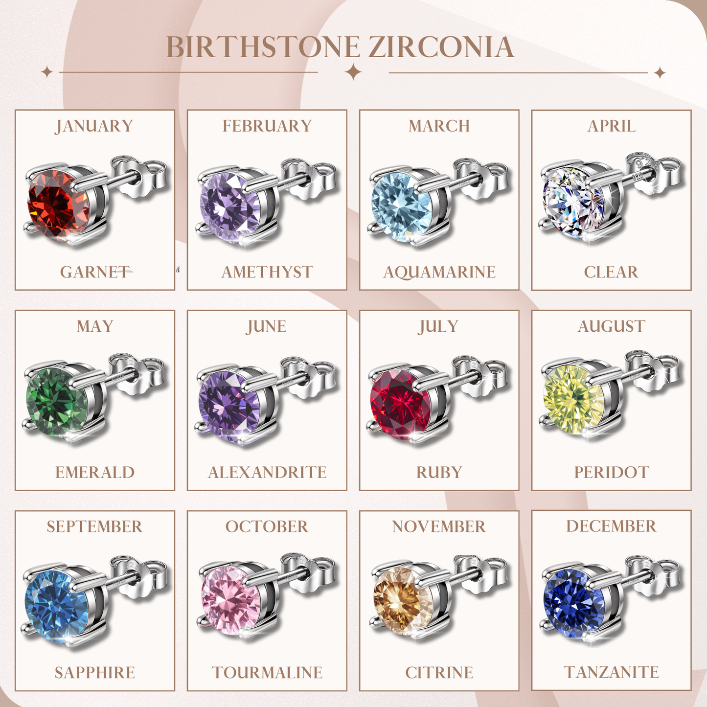 Women's Solitaire Birthstone Earrings - 925 Silver - October Tourmaline Sparkling Zirconia