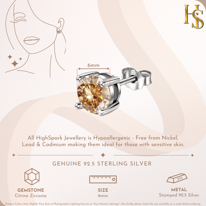 Women's Solitaire Birthstone Earrings - 925 Silver - November Citrine Sparkling Zirconia