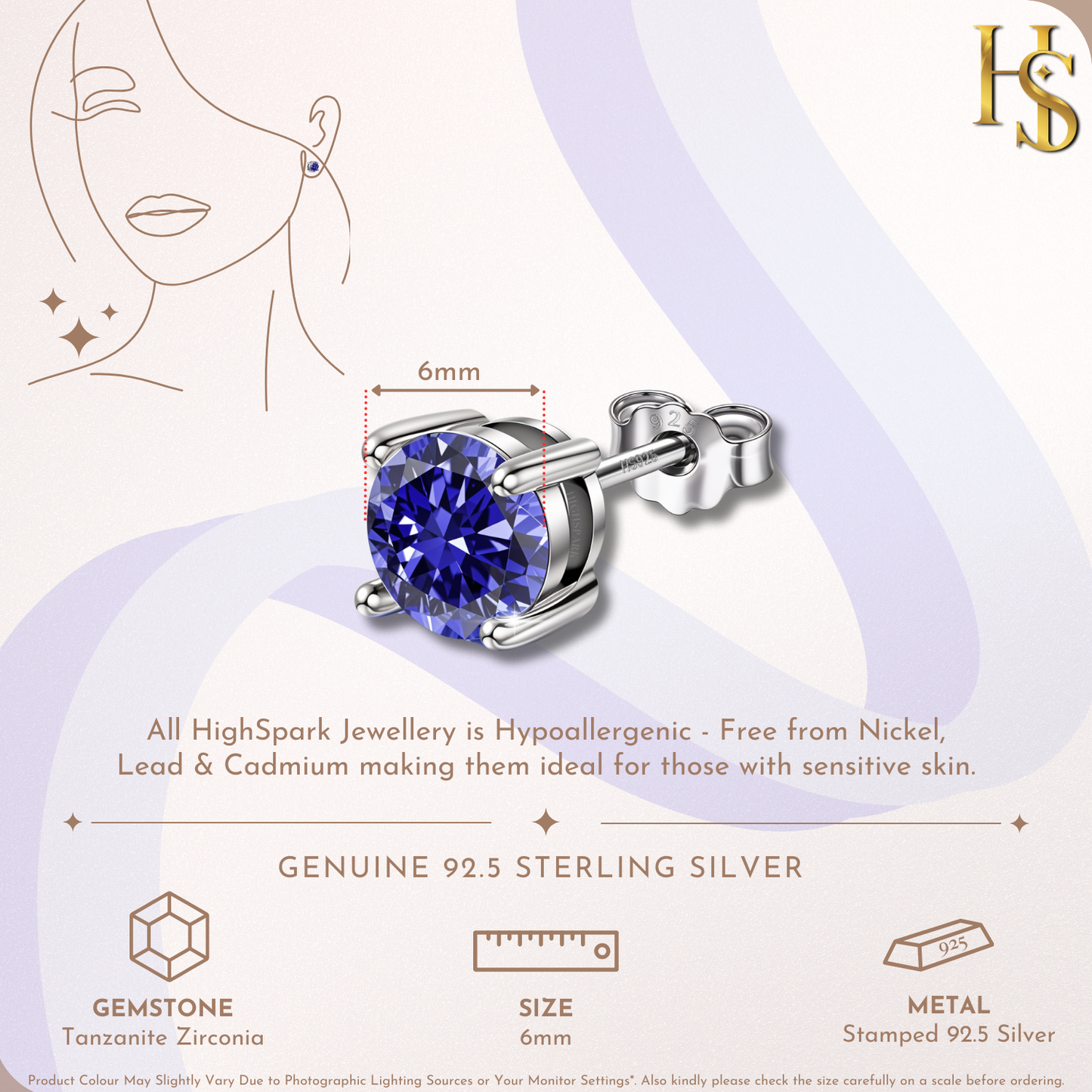 Women's Solitaire Birthstone Earrings - 925 Silver - December Tanzanite Sparkling Zirconia