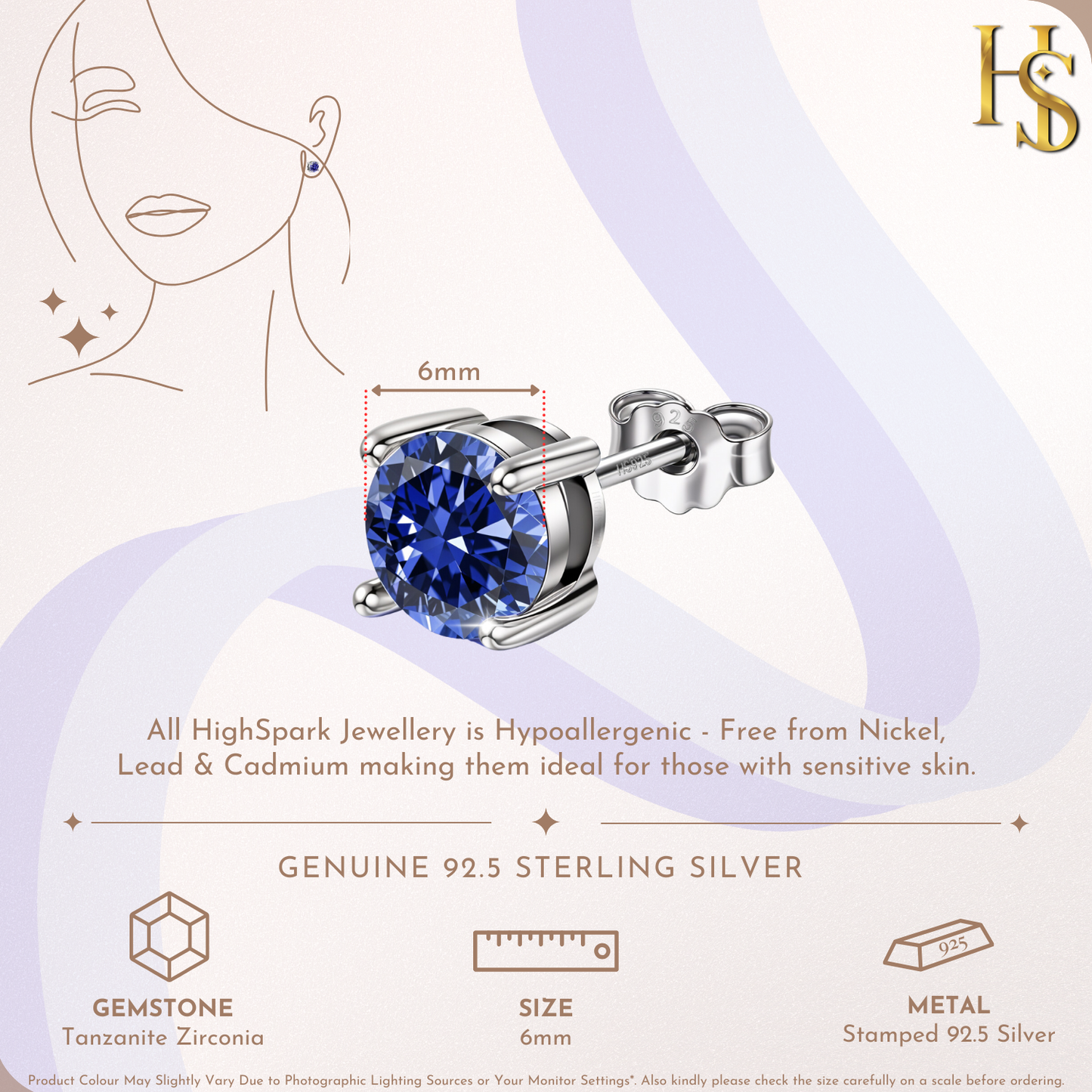 Women's Solitaire Birthstone Earrings - 925 Silver - December Tanzanite Sparkling Zirconia