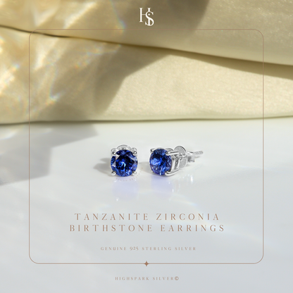 Women's Solitaire Birthstone Earrings - 925 Silver - December Tanzanite Sparkling Zirconia