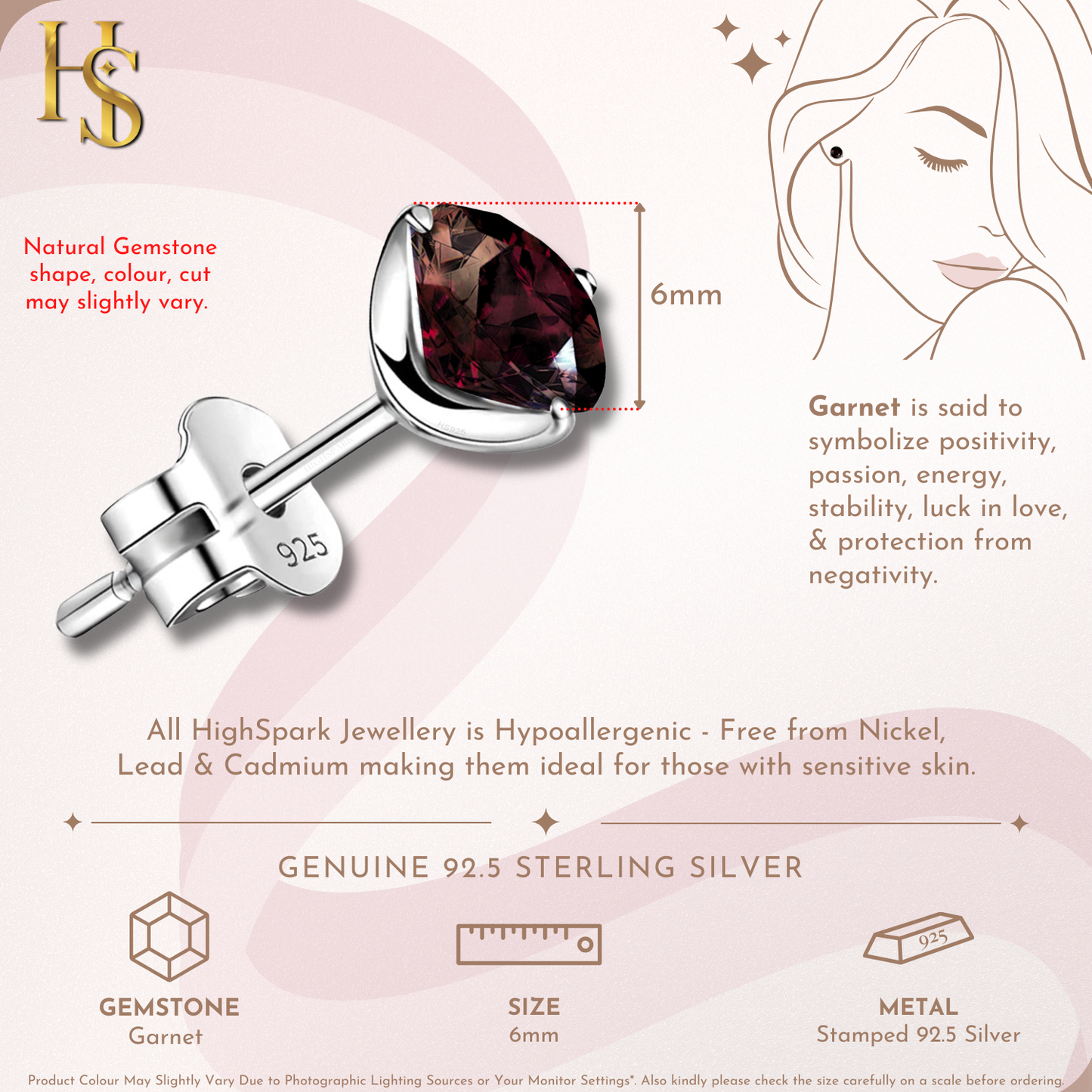 Garnet Gemstone Stud Earrings in 925 Sterling Silver for Women