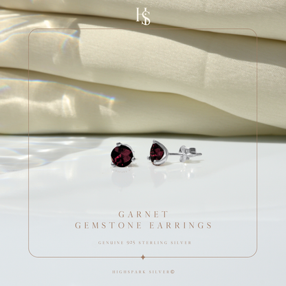 Garnet Gemstone Stud Earrings in 925 Sterling Silver for Women