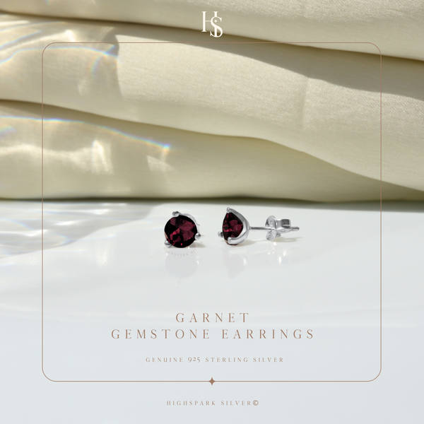 Garnet Gemstone Stud Earrings in 925 Sterling Silver for Women