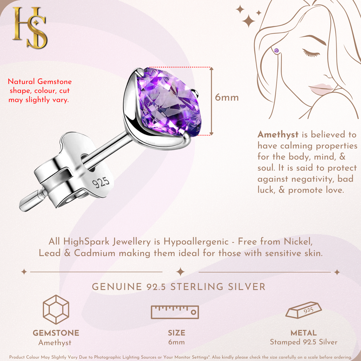 Amethyst Gemstone Stud Earrings in 925 Sterling Silver For Women