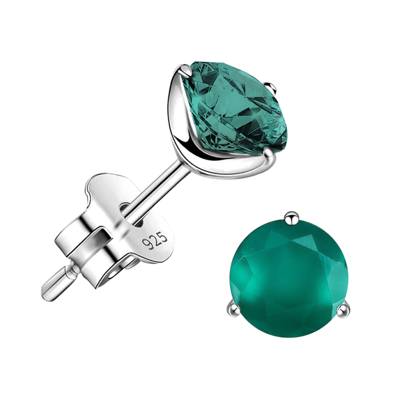 A pair of stud earrings with round, faceted green onyx gemstones in a three-prong sterling silver setting on a white background.