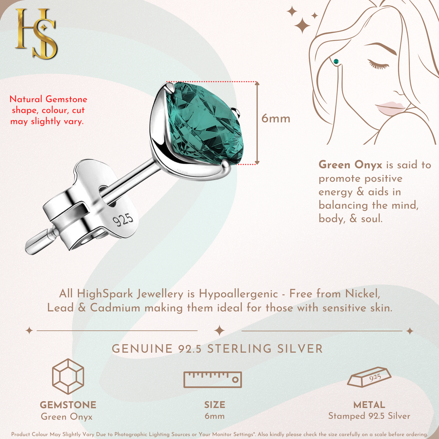 Green onyx Gemstone Stud Earrings in 925 Sterling Silver For Women