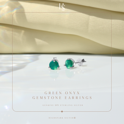 Green onyx Gemstone Stud Earrings in 925 Sterling Silver For Women