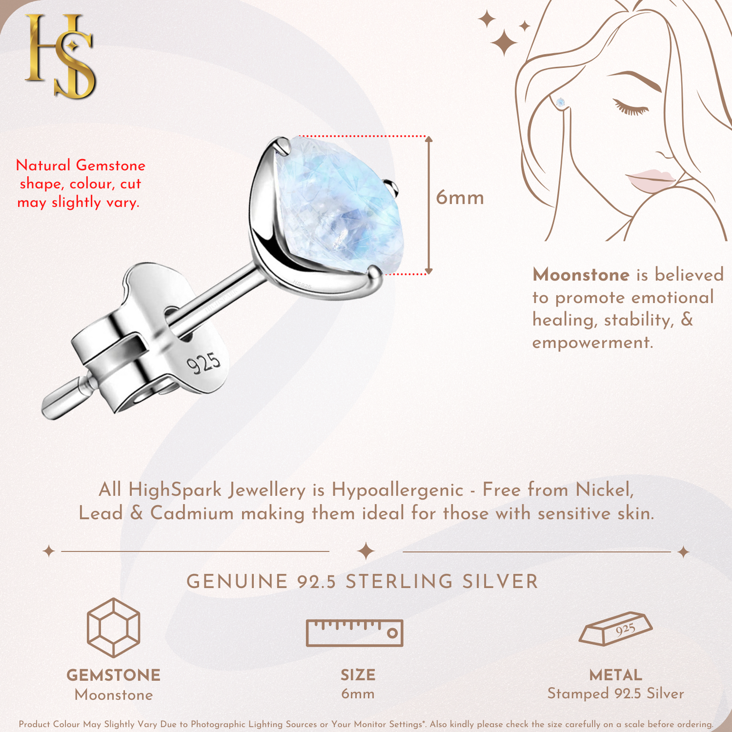 Real Moonstone Gemstone Stud Earrings in 925 Sterling Silver