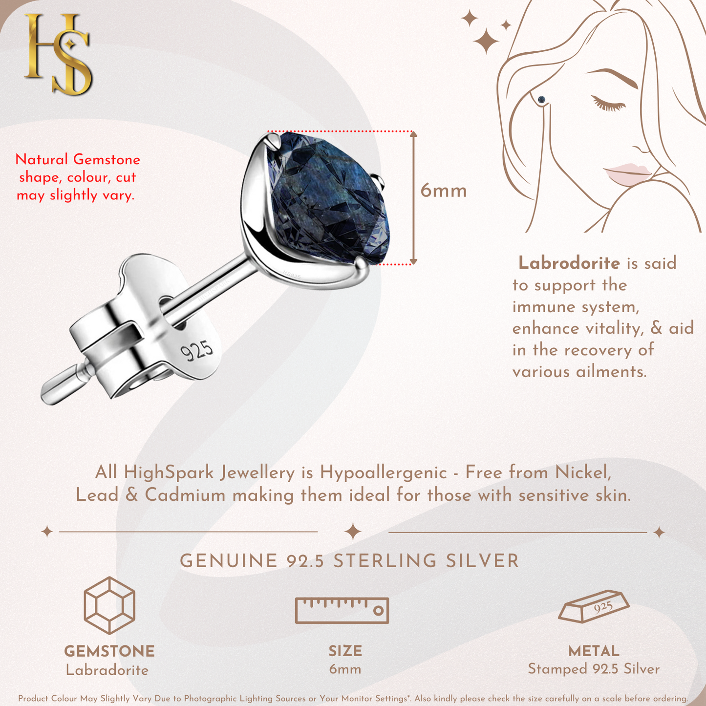 Labradorite Gemstone Stud Earrings in 925 Sterling Silver For Women