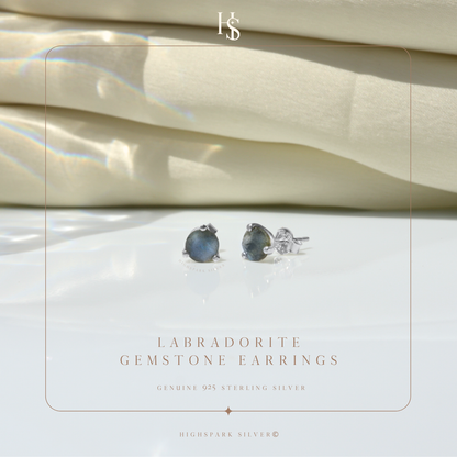 Labradorite Gemstone Stud Earrings in 925 Sterling Silver For Women