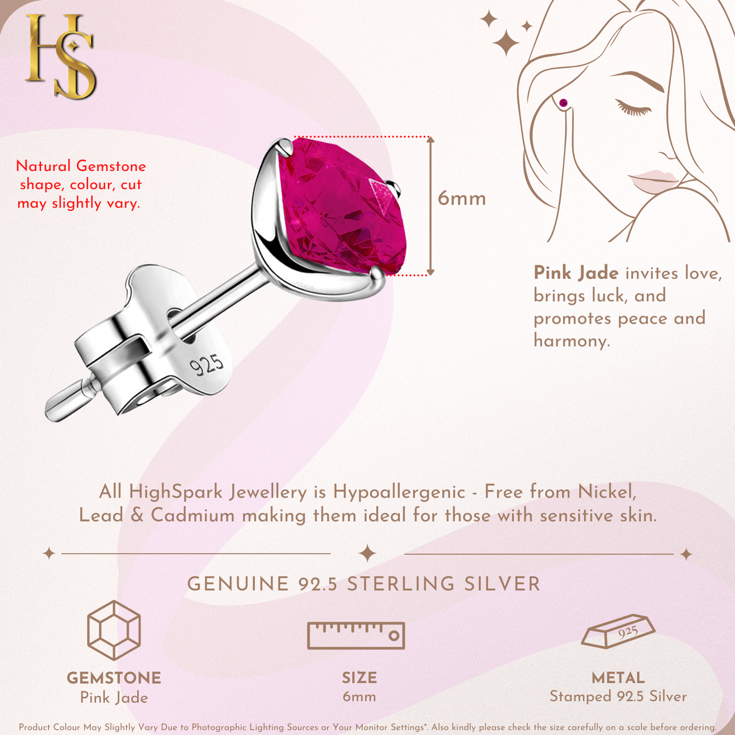 Pink Jade Gemstone Stud Earrings in 925 Sterling Silver For Women