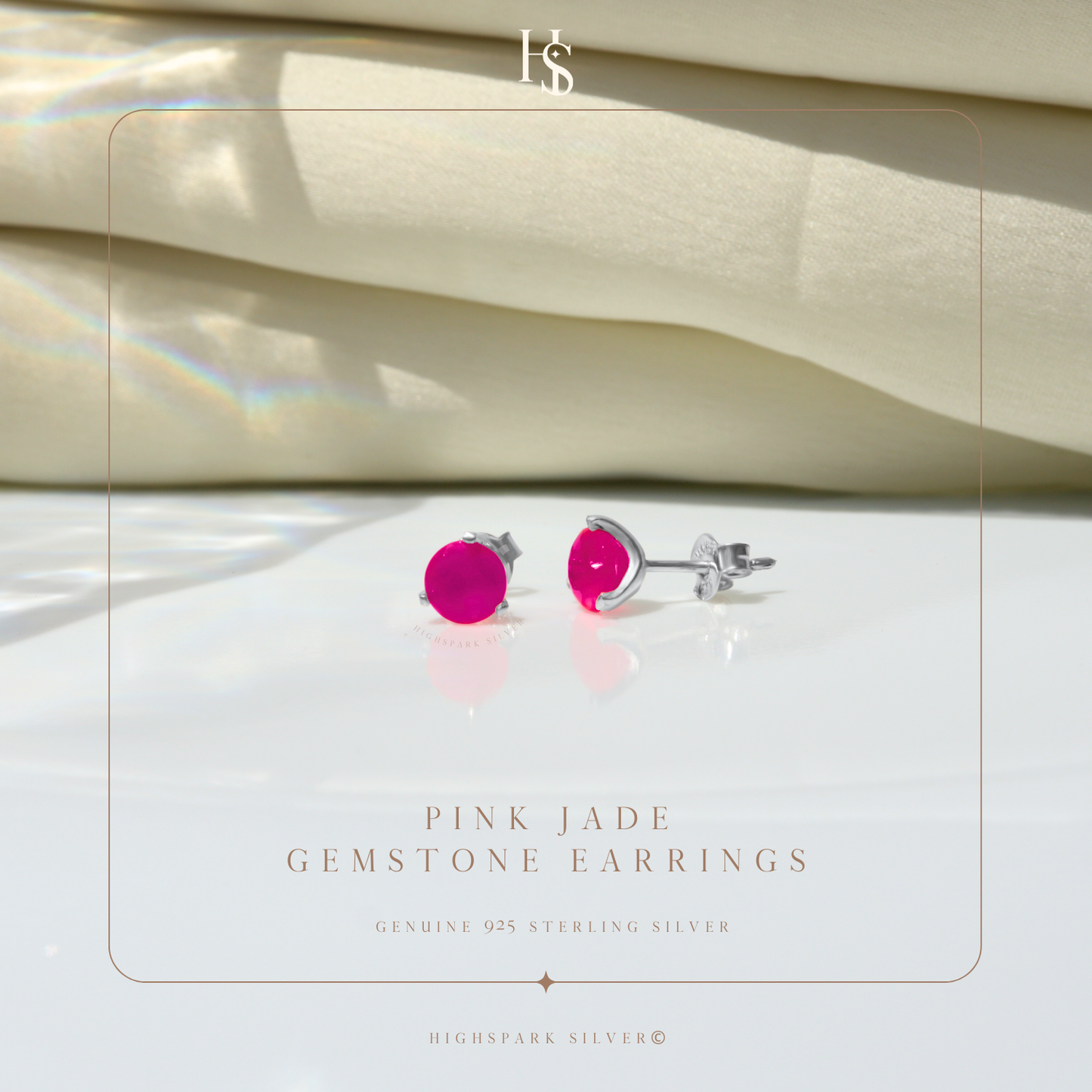 Pink Jade Gemstone Stud Earrings in 925 Sterling Silver For Women